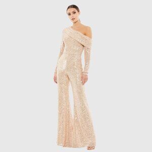 NWT Mac Duggal Sequined Drop Shoulder Long Sleeve Jumpsuit Rose Gold 8 #8485